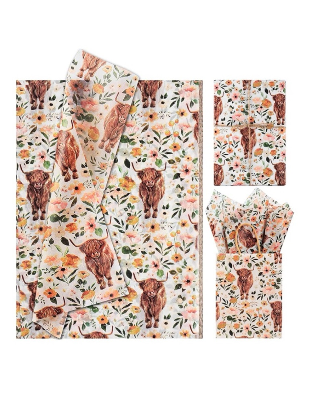 10 Pack 14x20 Tissue Paper Highland Cow Boho Floral